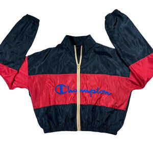 Champion Windbreaker Jacket Mens L Black Red Full Zip Retro Logo Lightweight X
